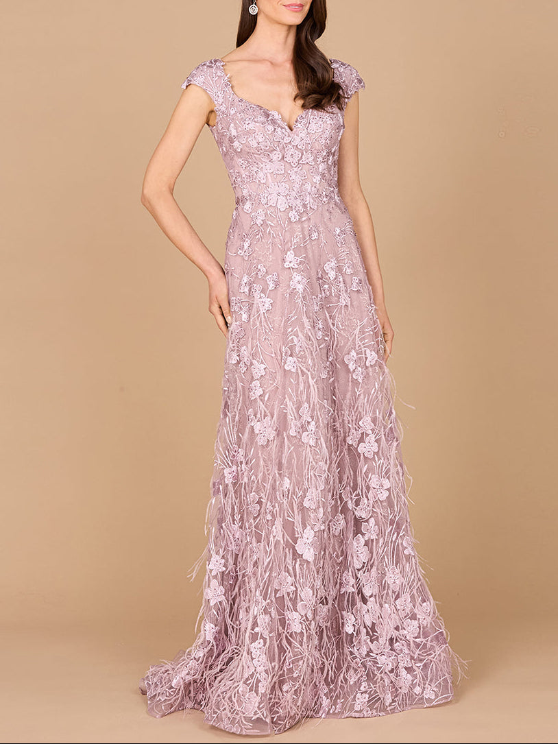 Cap Sleeves, A-line Dress with Feathers by Lara New York