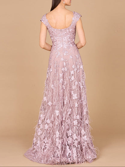 Cap Sleeves, A-line Dress with Feathers by Lara New York