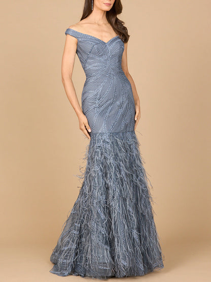 Off Shoulder Mermaid Beaded Gown with Feathers by Lara New York