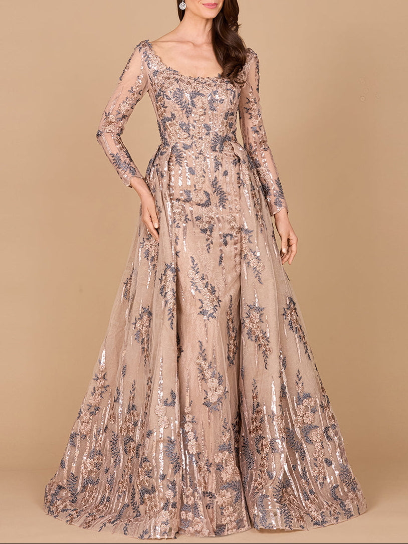 Long Sleeve Scoop Neck Lace Gown with Overskirt by Lara New York