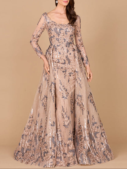 Long Sleeve Scoop Neck Lace Gown with Overskirt by Lara New York