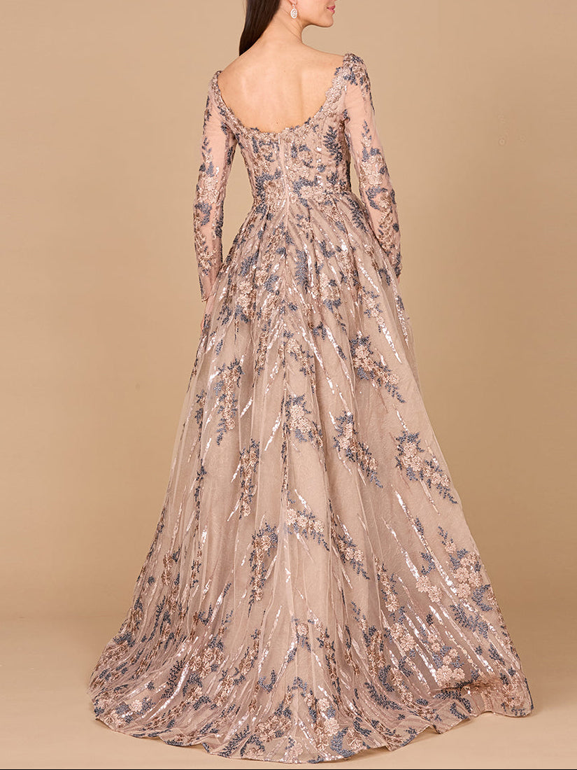 Long Sleeve Scoop Neck Lace Gown with Overskirt by Lara New York