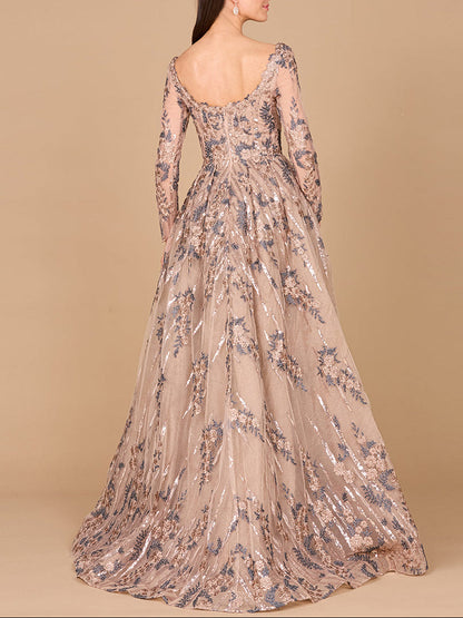 Long Sleeve Scoop Neck Lace Gown with Overskirt by Lara New York
