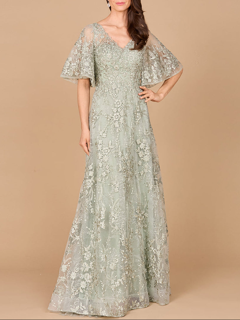 V-neck, Cape Sleeve Gown by Lara New York