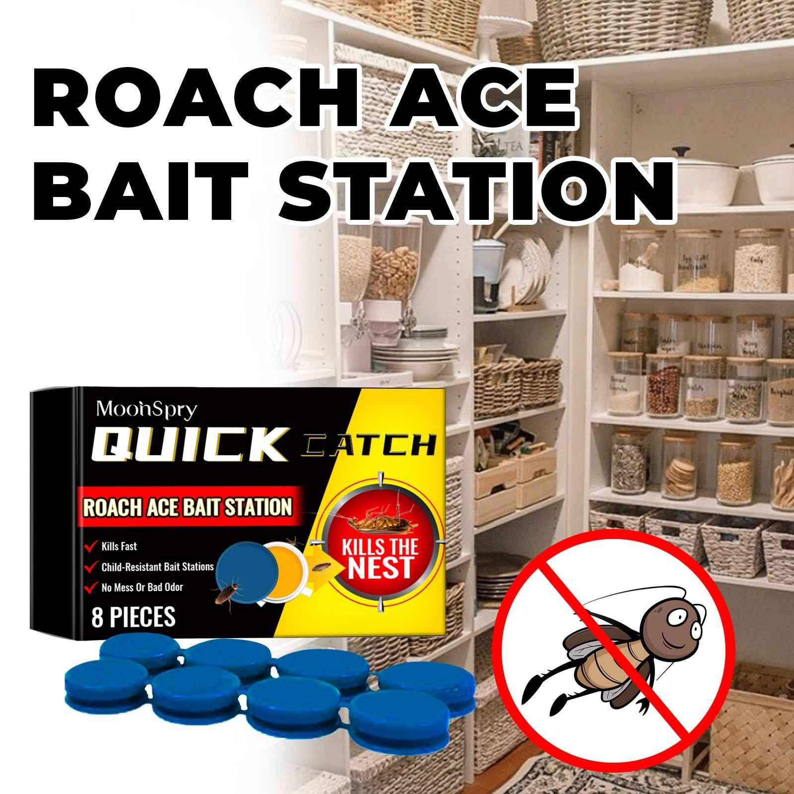 MoonSpry Roach Ace Bait Station, Insect-Repellent Cockroach Bait Kitchen Home Cockroach Elimination Whole Nest End Cleaner