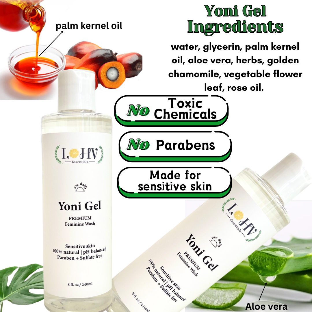 PREMIUM Herbal LOHV YONI GEL pH Balancing Intimate Wash: Eliminate Odor, Cleanse Vulva, Maintain a Healthy pH Balance with Palm Kernel Oil + Rose Oil + Aloe Vera Leaf by LOHV ESSENTIALS