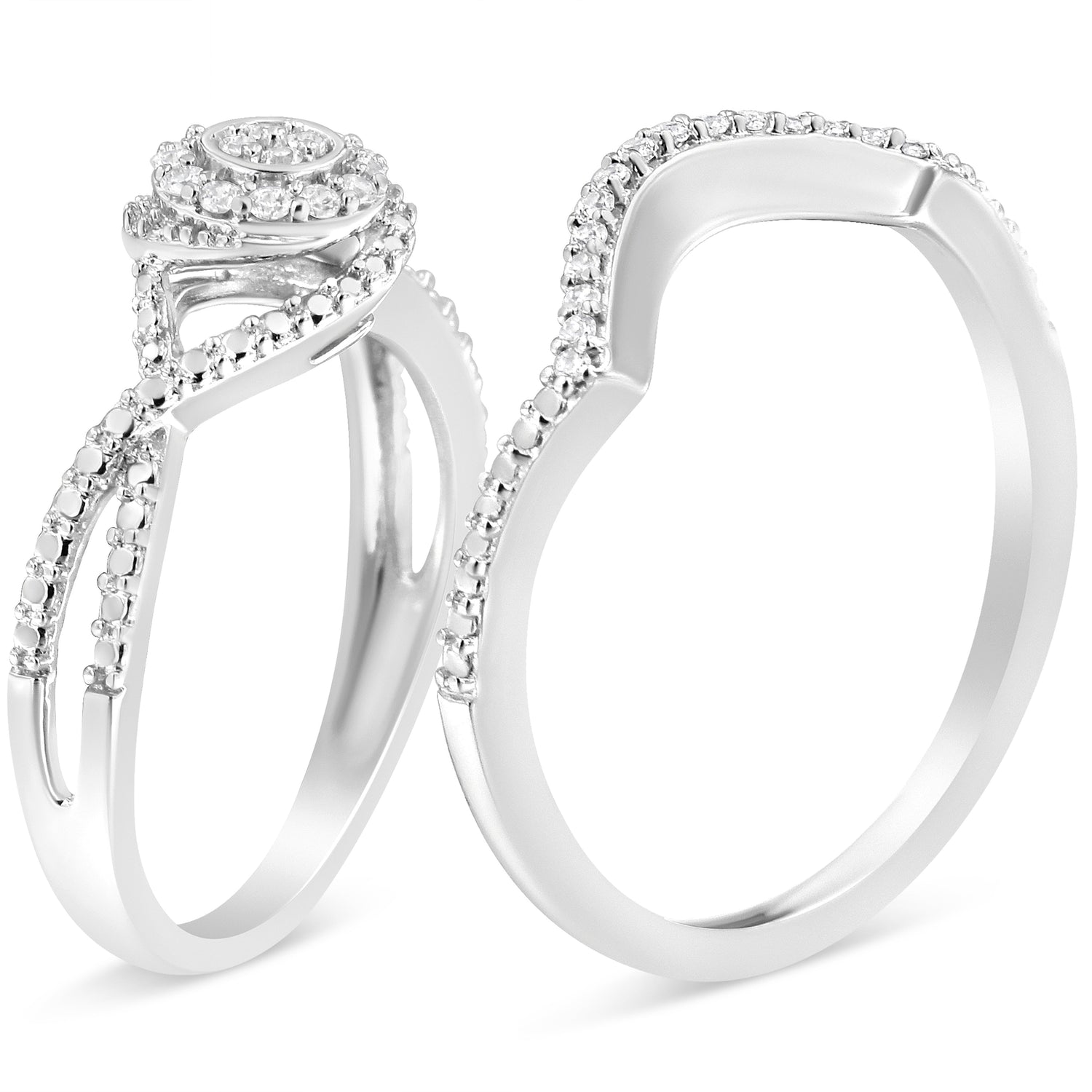 .925 Sterling Silver 1/6 Cttw Diamond Composite Halo and Split Shank Bridal Set Ring and Band (I-J Color, I3 Clarity) - Size 7 by Bids.com
