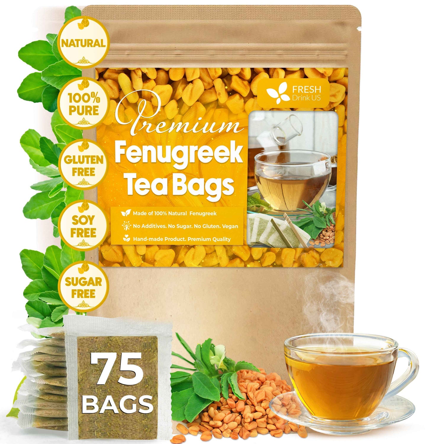 Premium Fenugreek Tea Bags. No Sugar, No Caffeine, No Gluten, Vegan. (30 Tea Bags)
