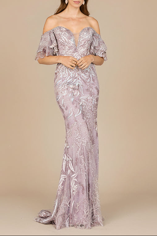Off Shoulder Mermaid Lace Gown by Lara New York