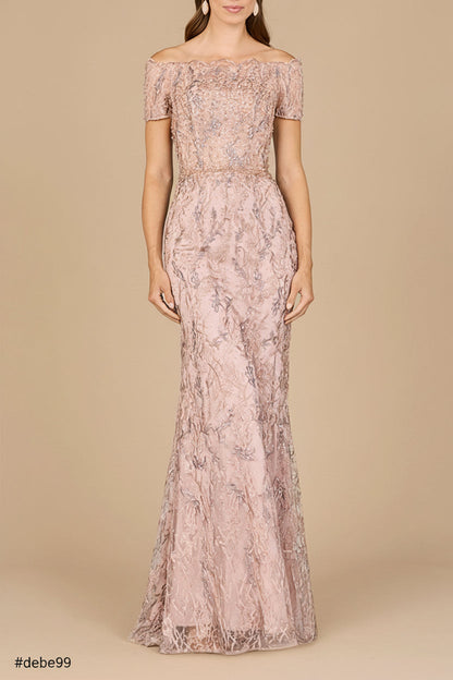 Off Shoulder Mermaid Gown with Short Sleeves by Lara New York