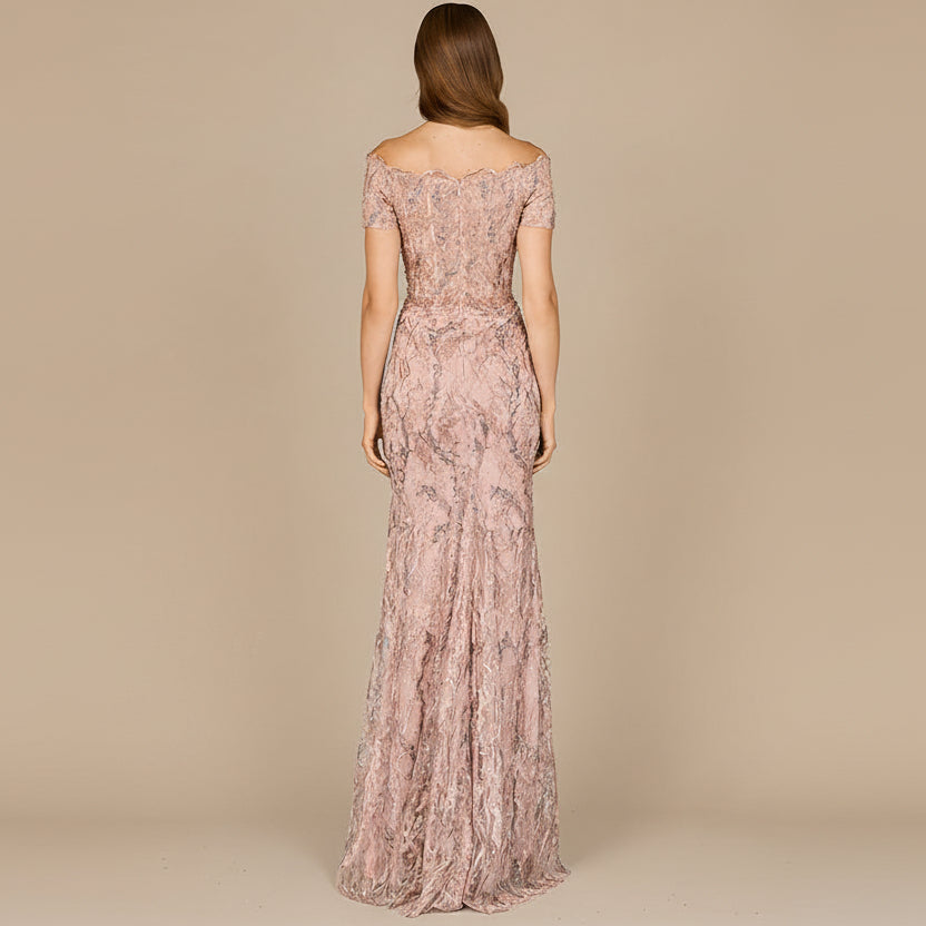 Off Shoulder Mermaid Gown with Short Sleeves by Lara New York