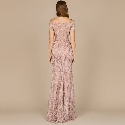 Off Shoulder Mermaid Gown with Short Sleeves by Lara New York