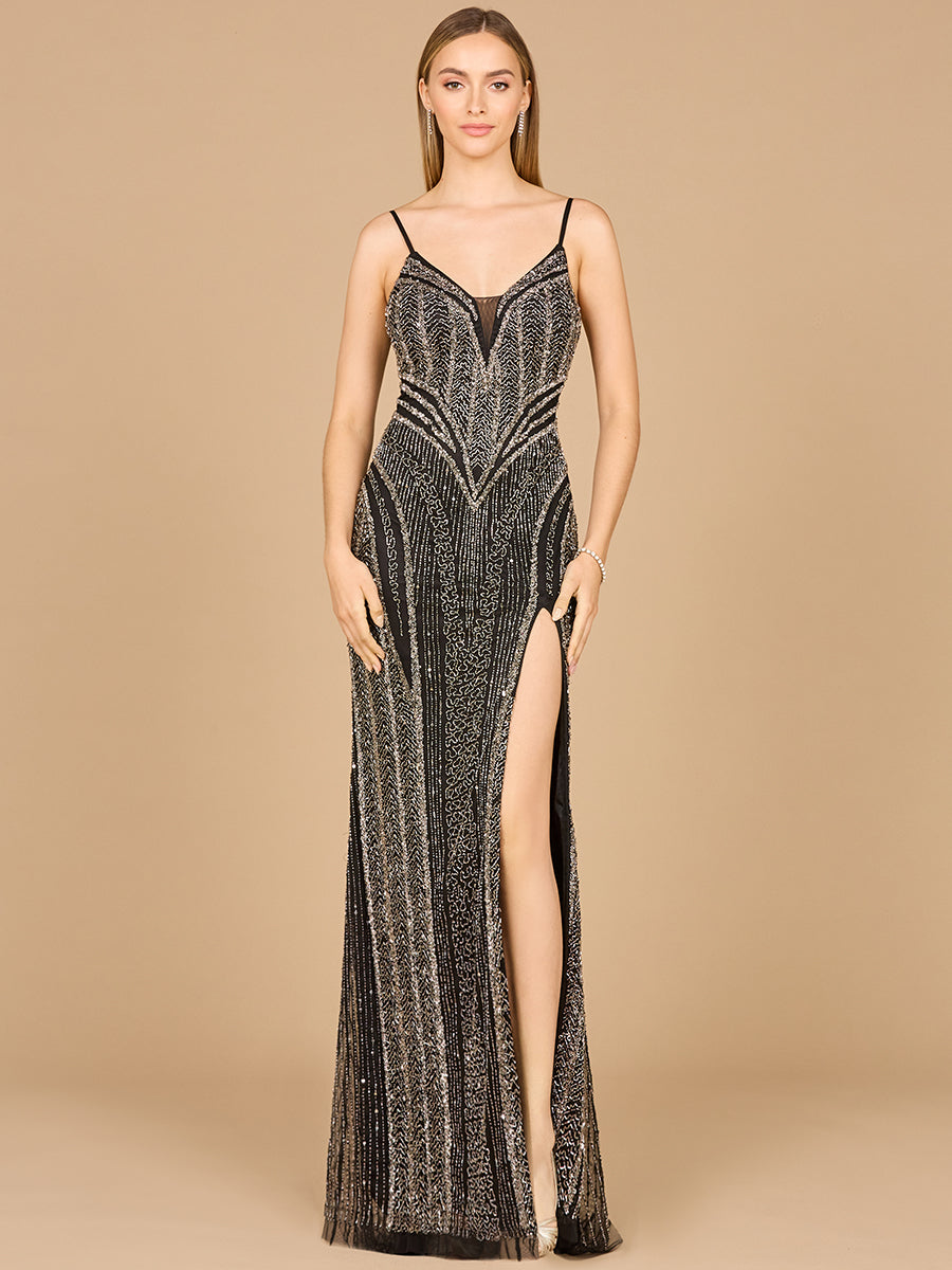 Spaghetti Strap Beaded Gown with Slit by Lara New York