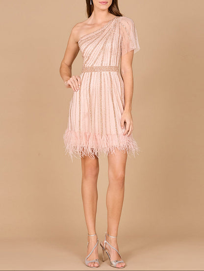 One Shoulder Cocktail Dress with Feathers by Lara New York