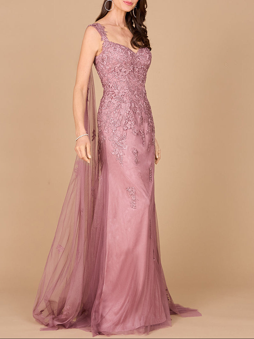 Embroidered Lace Gown with Flowing Capes by Lara New York