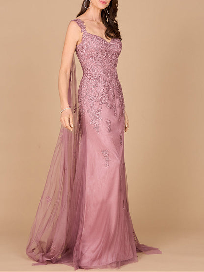 Embroidered Lace Gown with Flowing Capes by Lara New York