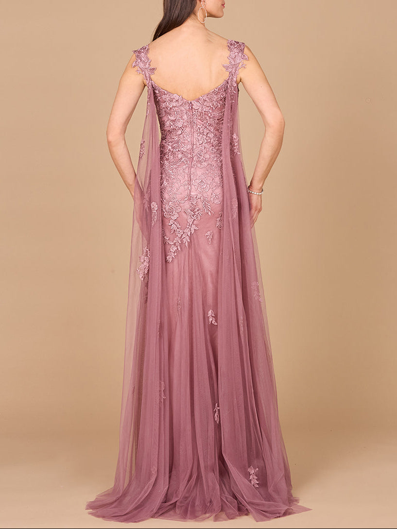 Embroidered Lace Gown with Flowing Capes by Lara New York