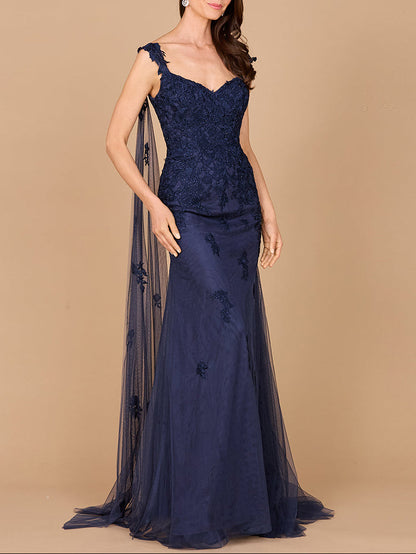 Embroidered Lace Gown with Flowing Capes by Lara New York