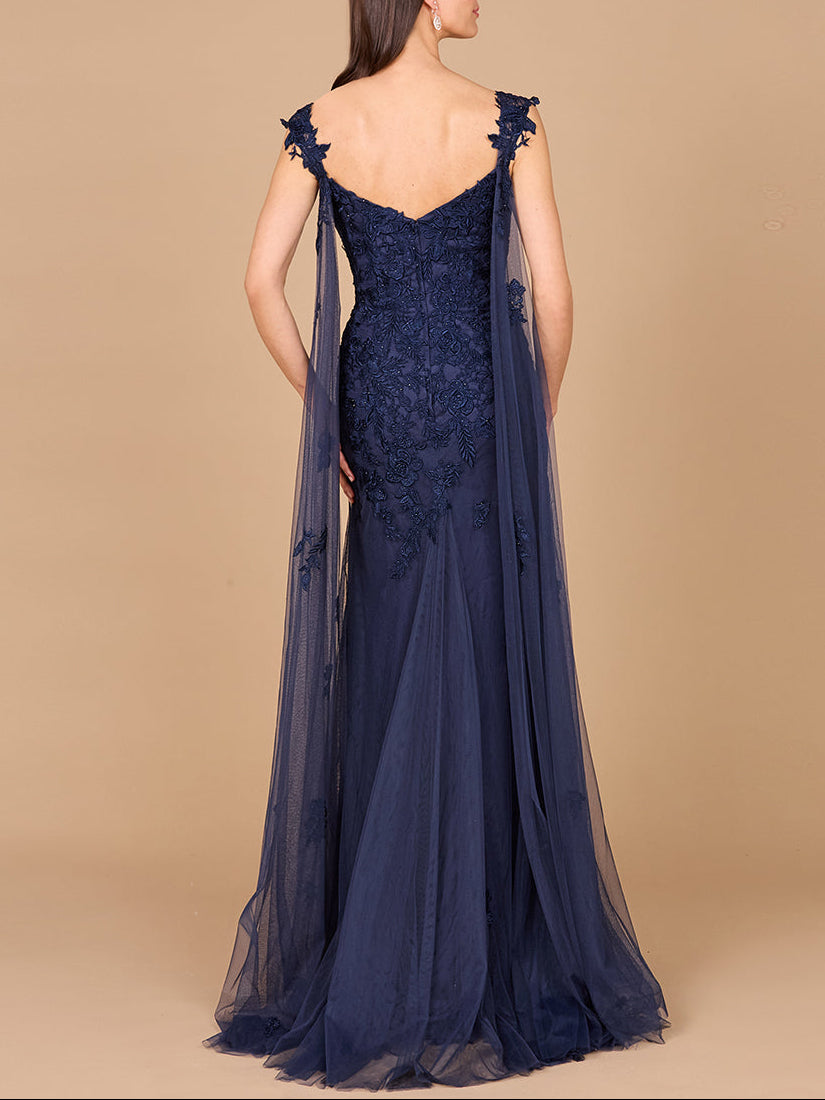 Embroidered Lace Gown with Flowing Capes by Lara New York