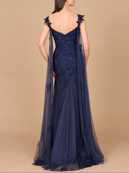 Embroidered Lace Gown with Flowing Capes by Lara New York