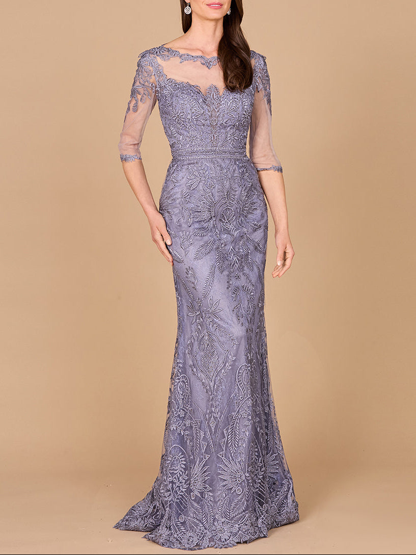 Detachable Half Sleeve Lace Sheath Gown by Lara New York