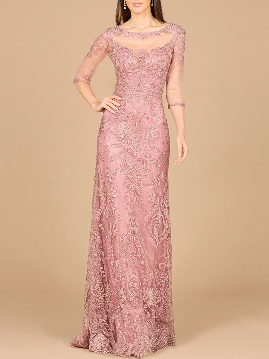 Detachable Half Sleeve Lace Sheath Gown by Lara New York