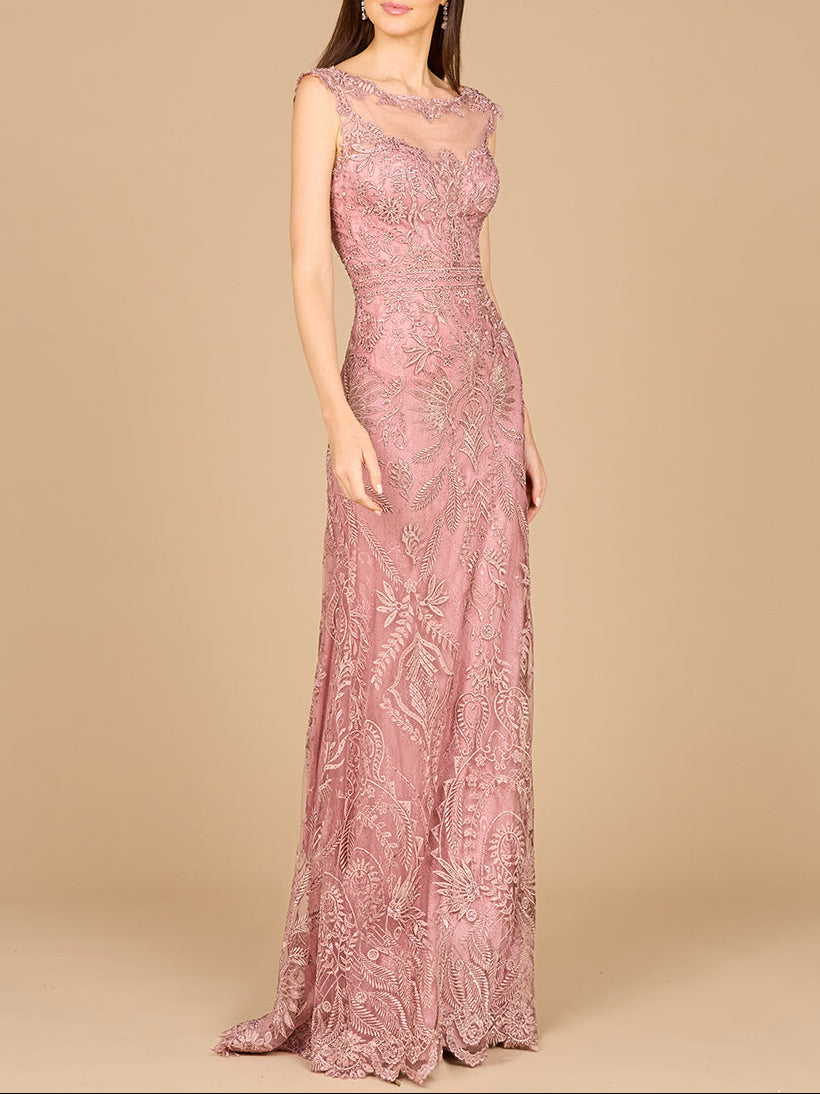 Detachable Half Sleeve Lace Sheath Gown by Lara New York