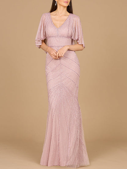 Cape Sleeve Beaded Gown by Lara New York