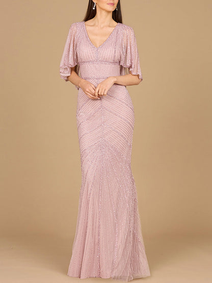 Cape Sleeve Beaded Gown by Lara New York