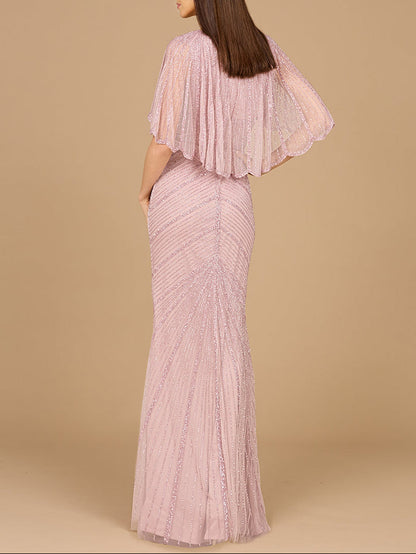 Cape Sleeve Beaded Gown by Lara New York