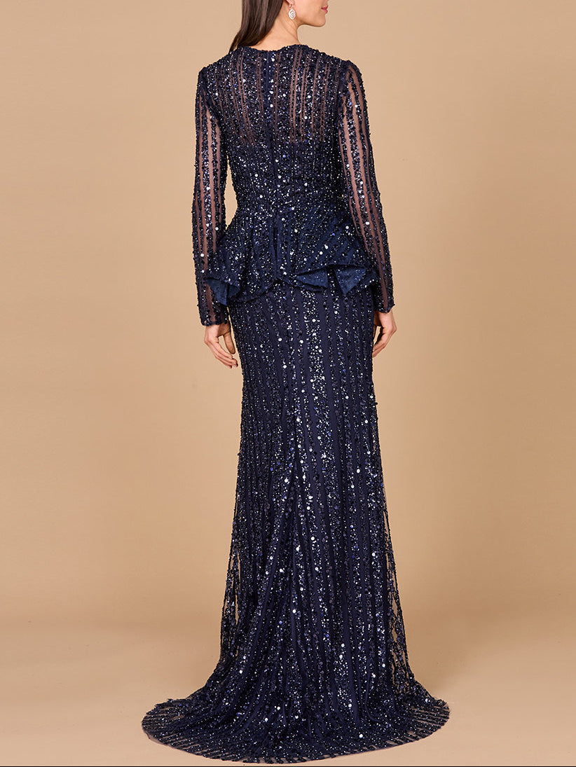 Long Sleeve Beaded Peplum Dress by Lara New York