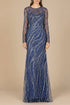 Long Sleeve Sheath Gown with Silver Beads by Lara New York