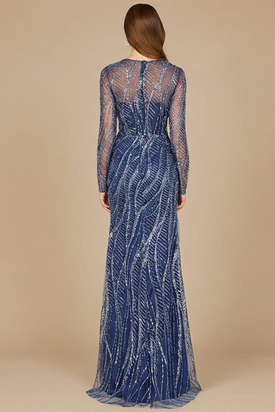 Long Sleeve Sheath Gown with Silver Beads by Lara New York