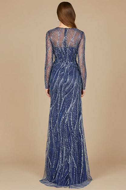 Long Sleeve Sheath Gown with Silver Beads by Lara New York
