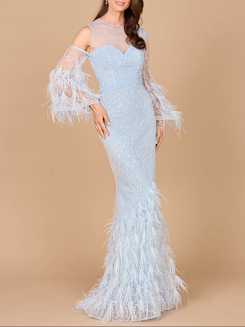 Cold Shoulder Mermaid Lace Gown with Feathers - OUTLET by Lara New York