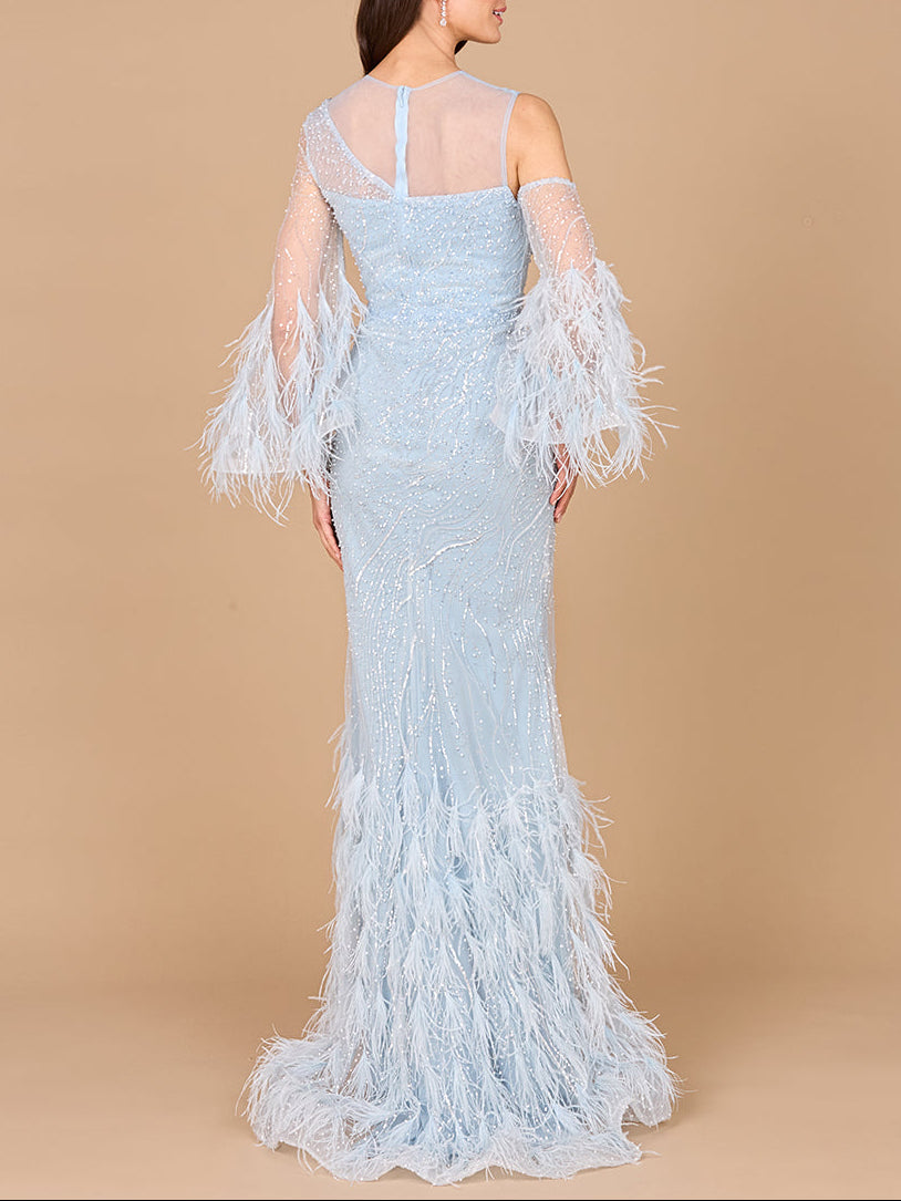Cold Shoulder Mermaid Lace Gown with Feathers - OUTLET by Lara New York