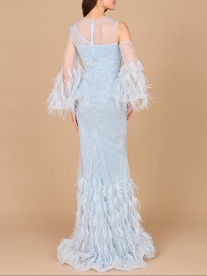 Cold Shoulder Mermaid Lace Gown with Feathers - OUTLET by Lara New York