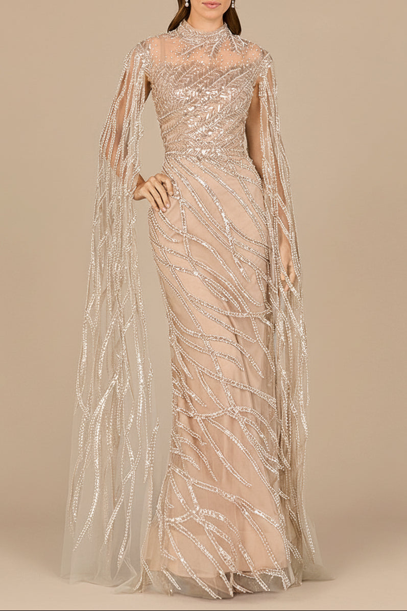 High Neck Gown with Long Cape Sleeves by Lara New York