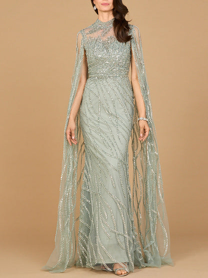High Neck Gown with Long Cape Sleeves by Lara New York