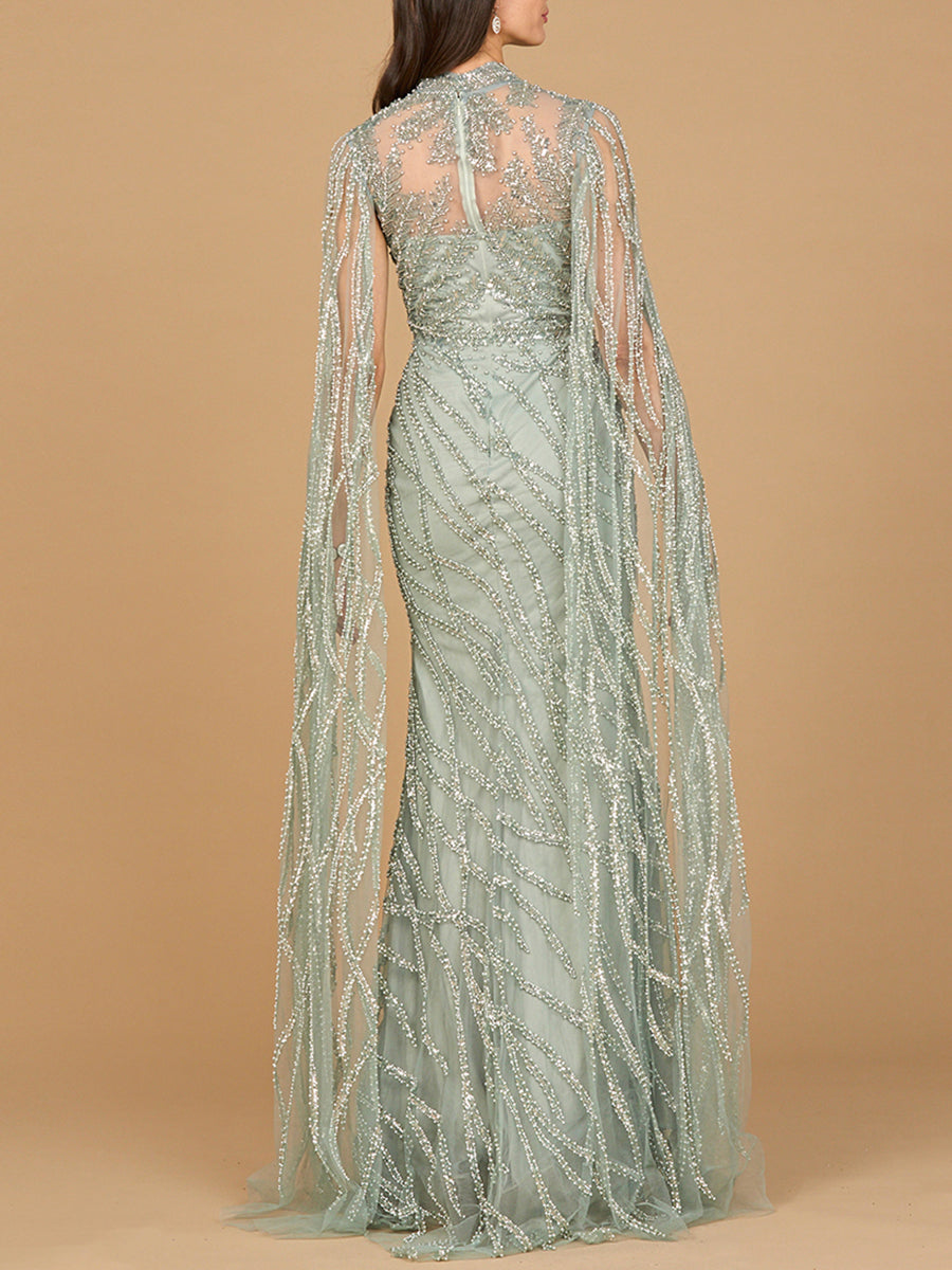 High Neck Gown with Long Cape Sleeves by Lara New York