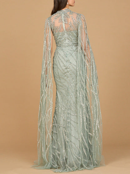 High Neck Gown with Long Cape Sleeves by Lara New York