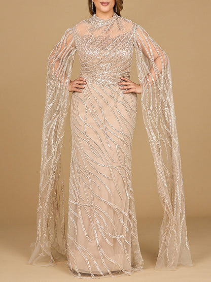 High Neck Gown with Long Cape Sleeves by Lara New York