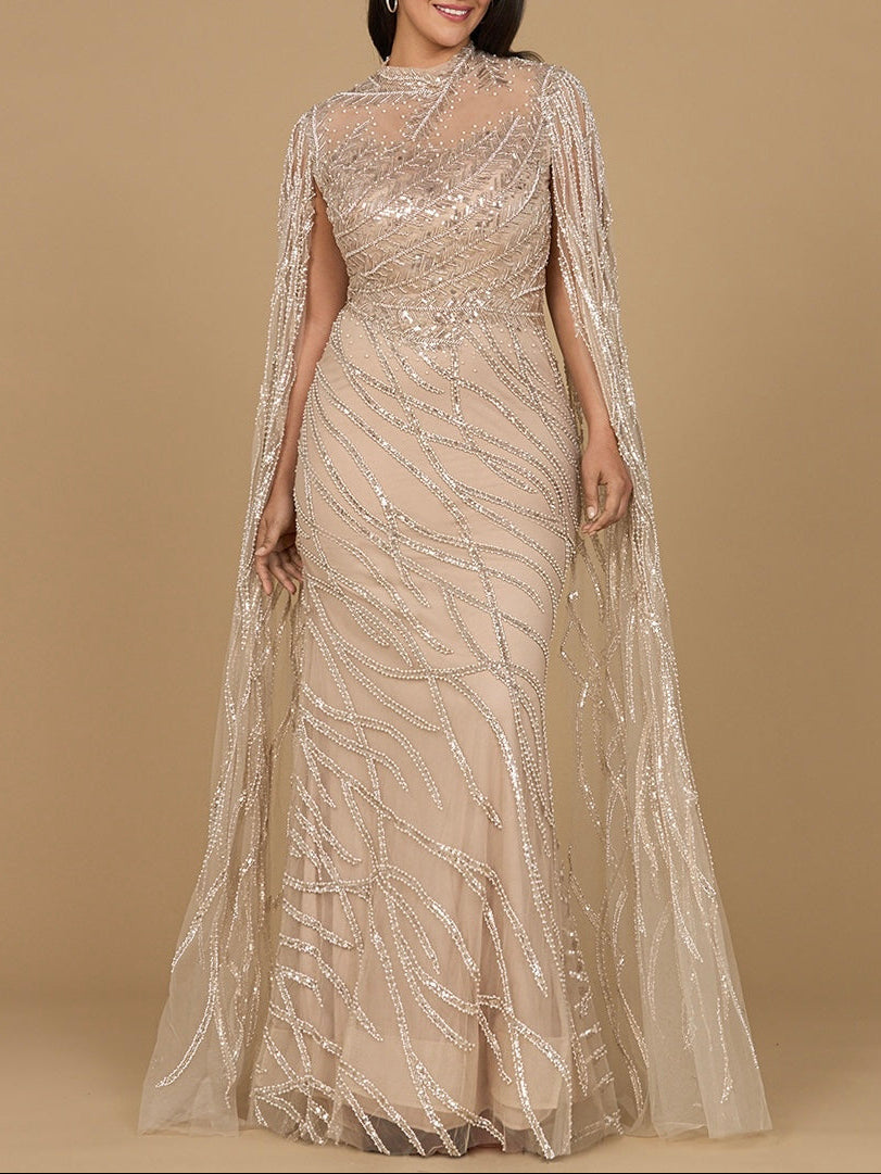 High Neck Gown with Long Cape Sleeves by Lara New York