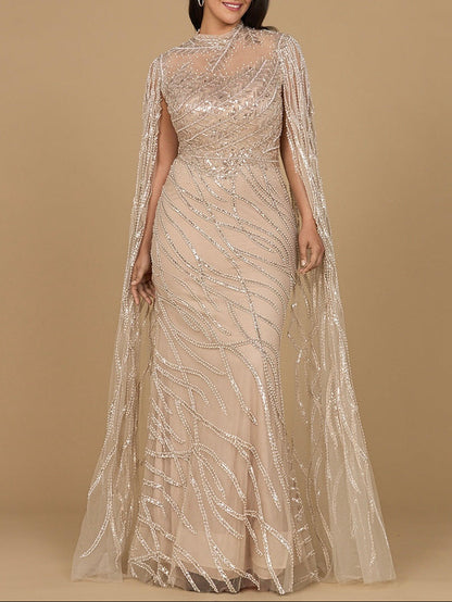 High Neck Gown with Long Cape Sleeves by Lara New York