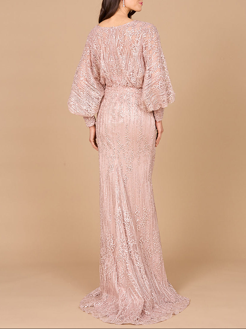 Long Bishop Sleeve Lace Gown by Lara New York