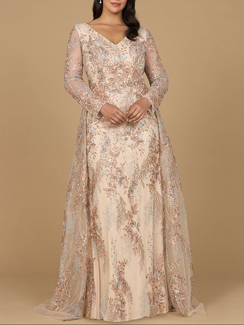 Lace Long Sleeve Gown with Overskirt by Lara New York