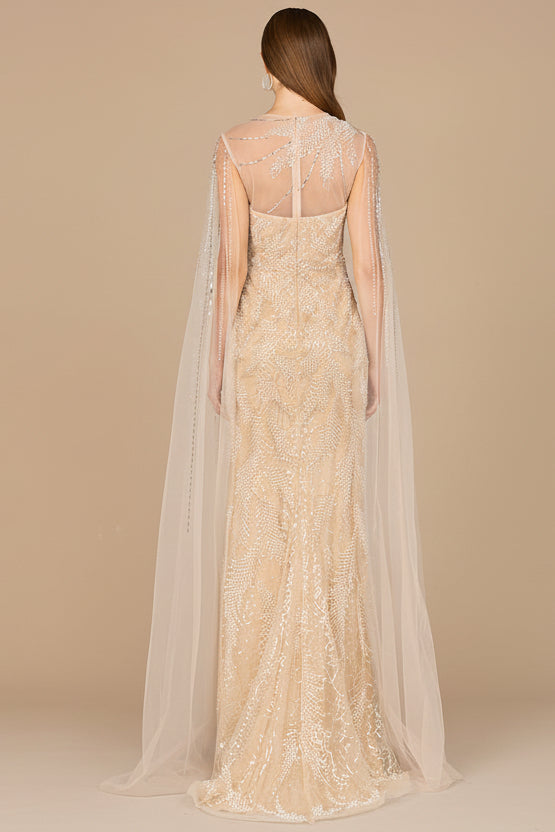 Long Cape Beaded Gown by Lara New York