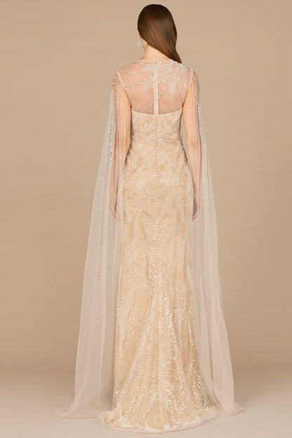 Long Cape Beaded Gown by Lara New York