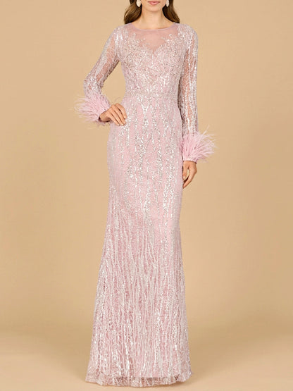 Long Sleeve Sheath Gown with Feathers by Lara New York