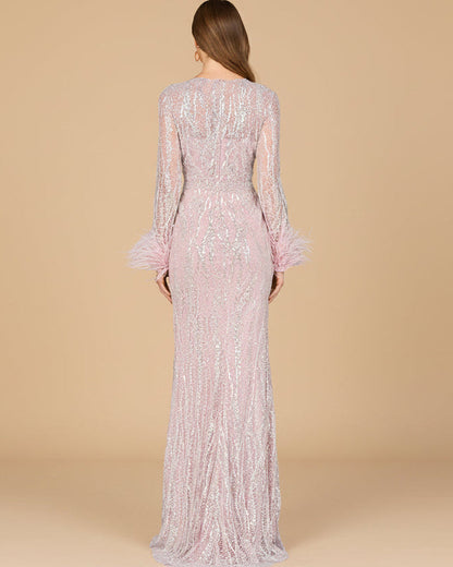 Long Sleeve Sheath Gown with Feathers by Lara New York